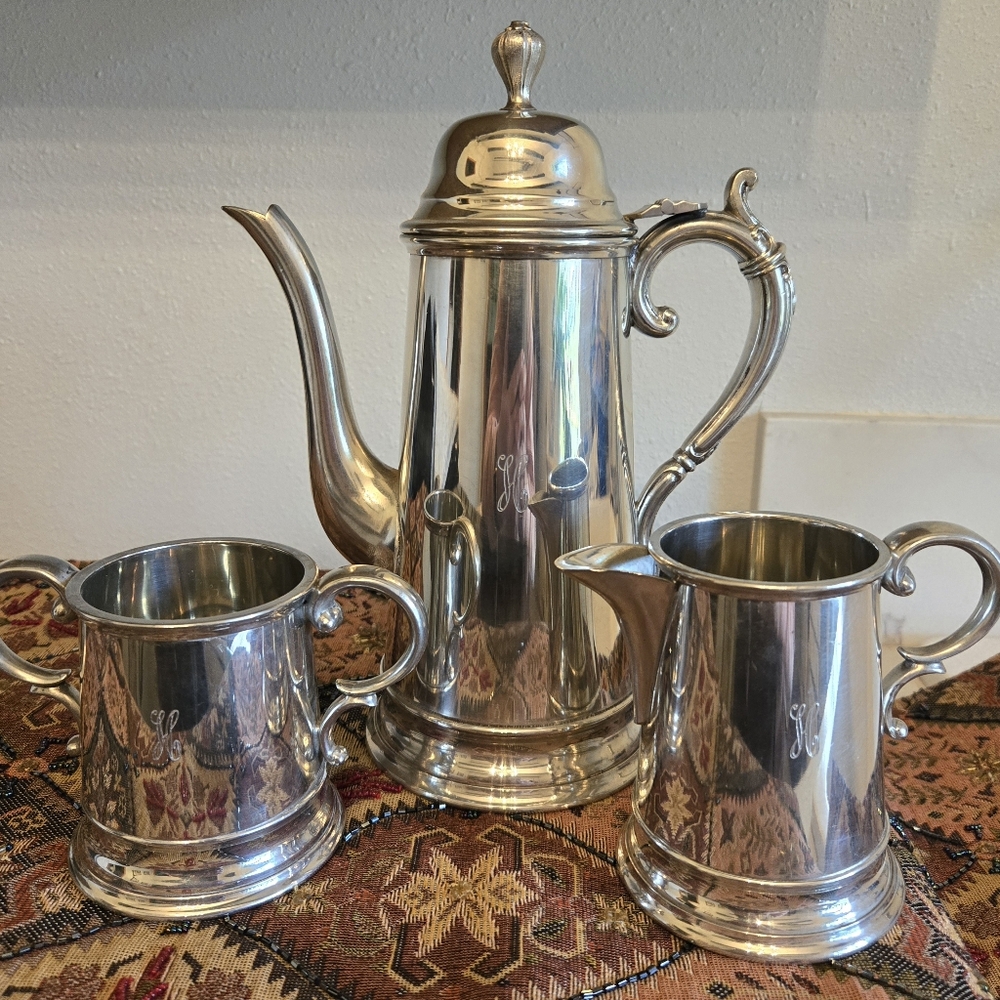 Vintage Pewter Coffee Creamer Sugar Serving Set Sheffield England Mongram "H"